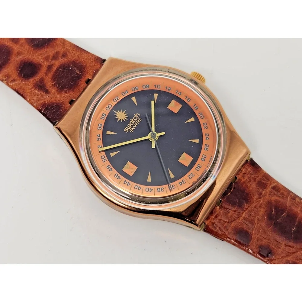Vintage AG 1991 Swatch Watch Copper/Black Tone Leather Band Wt Case -New Battery